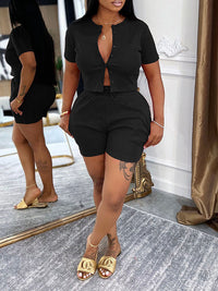 Solid Button-Front Top & Shorts Set
