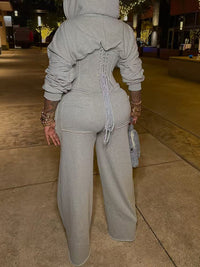 Solid Lace-Up Hoodie & Pants Set