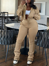 Solid Zip-Front Hoodie & Pants Set