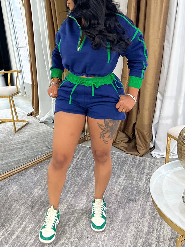 Contrast Zip Top & Shorts Set