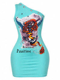 Printed One-Shoulder Eyelet Dress