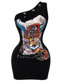Printed One-Shoulder Eyelet Dress
