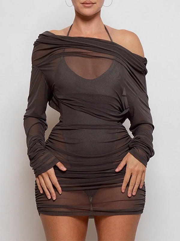 Boat-Neck Ruched Sheer Dress