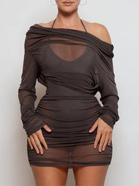 Boat-Neck Ruched Sheer Dress