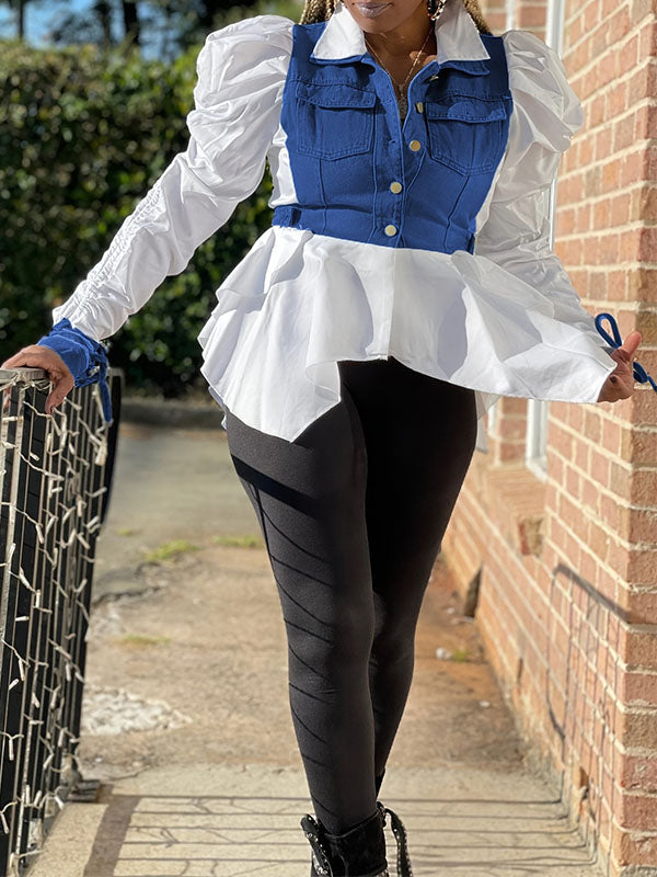 Denim-Combo Puff-Sleeve Shirt
