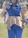 Denim-Combo Puff-Sleeve Shirt