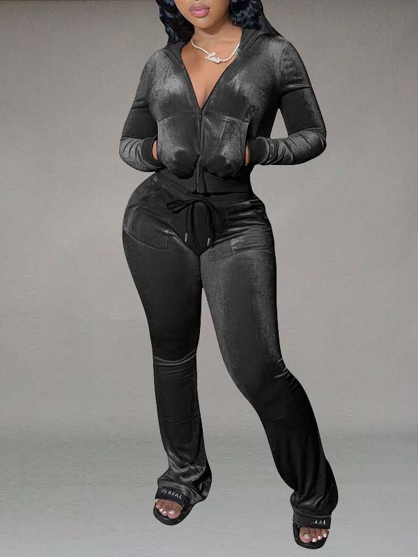 Velvet Hoodie & Flared Pants Set