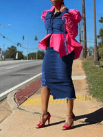 Denim-Combo Puff-Sleeve Shirt
