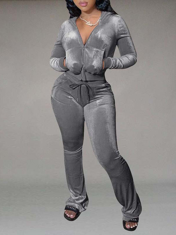 Velvet Hoodie & Flared Pants Set