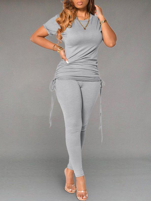 Solid Drawstring Top & Pants Set