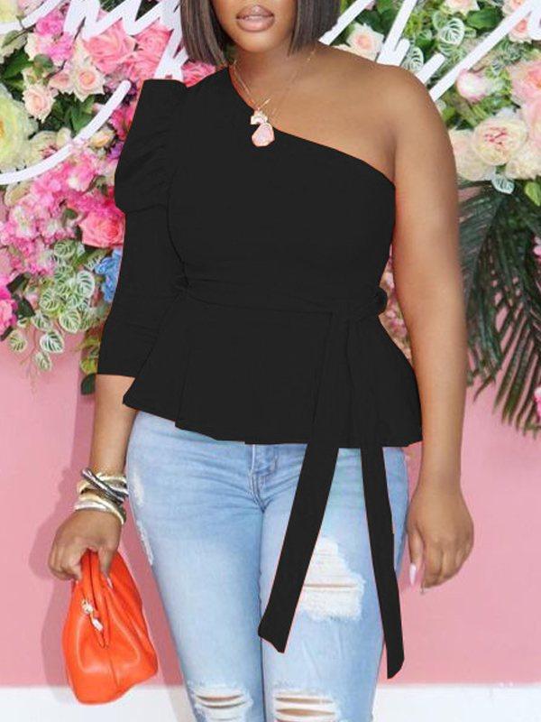 One-Shoulder Puff-Sleeve Peplum Top