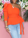 One-Shoulder Puff-Sleeve Peplum Top