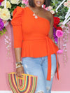 One-Shoulder Puff-Sleeve Peplum Top