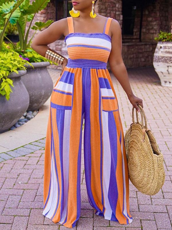 Colorblock Smocked Wide-Leg Jumpsuit