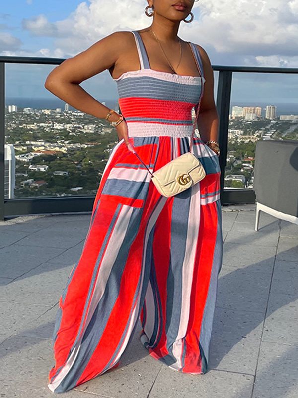 Colorblock Smocked Wide-Leg Jumpsuit