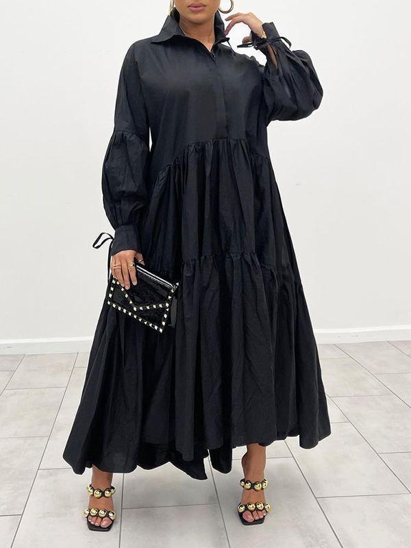 Solid Ruffle Shirt Dress-Clearance