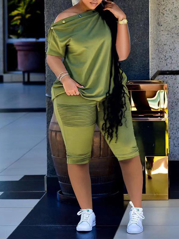 Button-Shoulder Tee & Biker Shorts Set