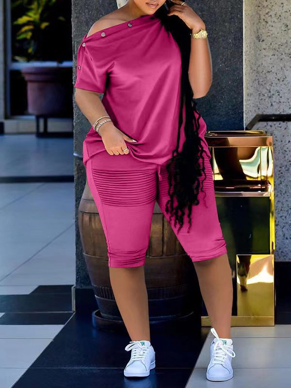 Button-Shoulder Tee & Biker Shorts Set