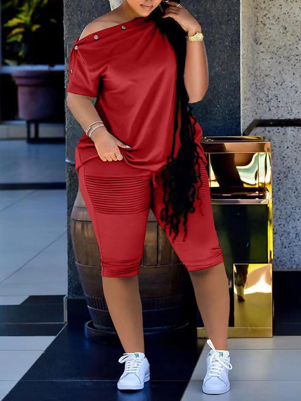 Button-Shoulder Tee & Biker Shorts Set