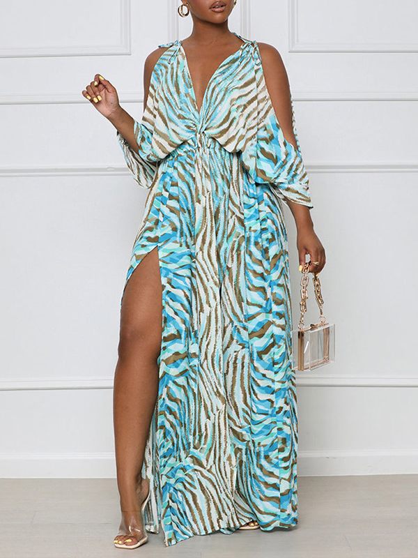 Bellizimos Printed Cold-Shoulder Slit Dress