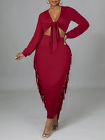 Solid Tied Crop Top & Fringe Skirt Set
