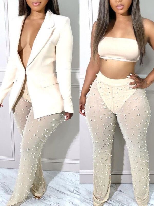 Solid Blazer & Studded Sheer Pants Set