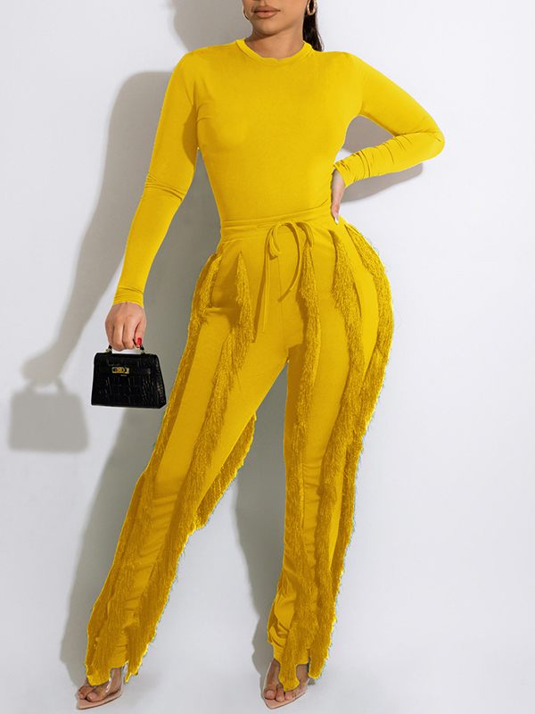 Bellizimos Solid Bodysuit & Fringe Pants Set