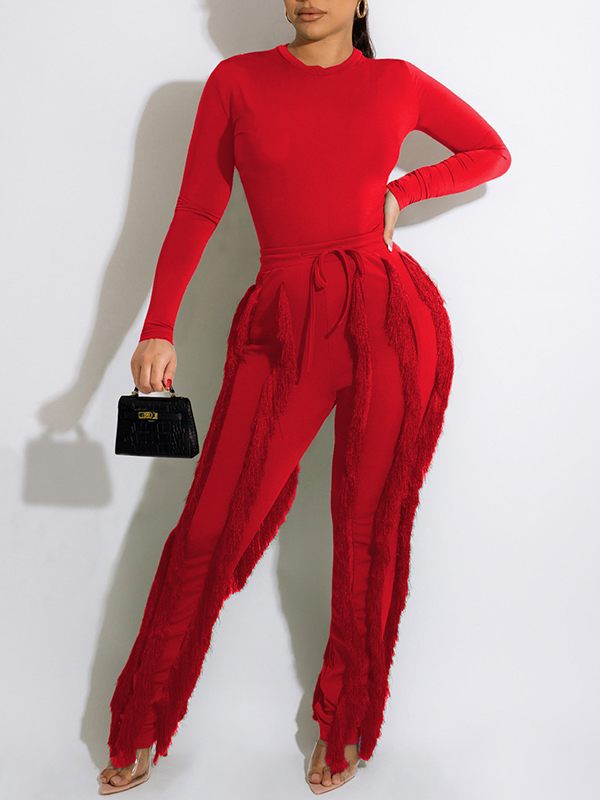 Bellizimos Solid Bodysuit & Fringe Pants Set