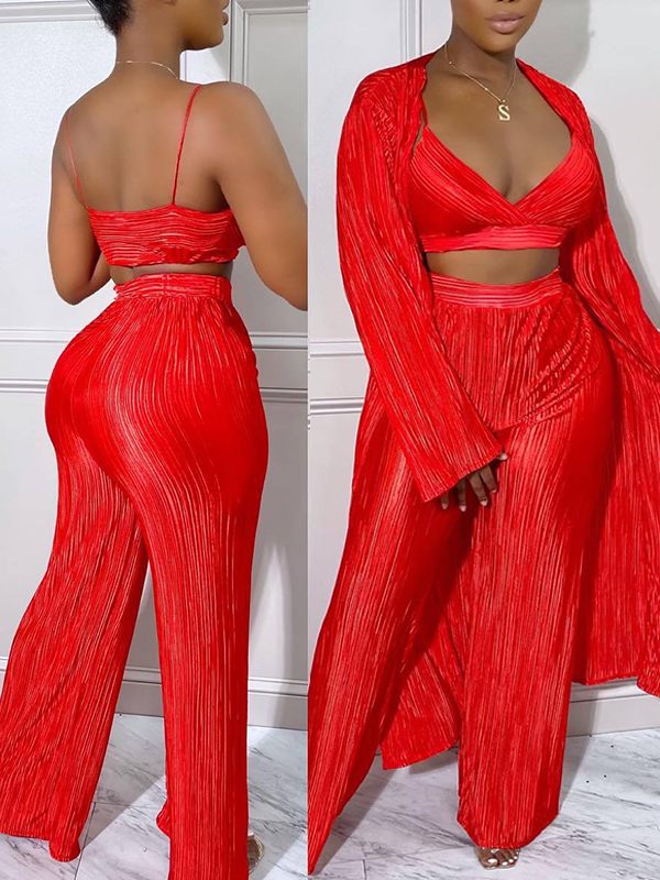 Solid Pleated Three-Piece Set