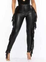 Fringe-Combo Faux-Leather Pants