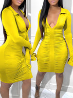 Solid V-Neck Ruched Dress