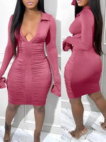 Solid V-Neck Ruched Dress