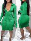Solid V-Neck Ruched Dress