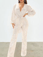 Sequin V-Neck Tied Jumpsuit