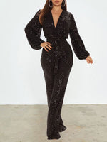 Sequin V-Neck Tied Jumpsuit