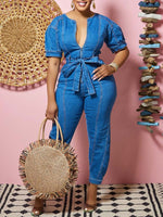 Zip-Front Tied Denim Jumpsuit