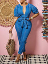 Zip-Front Tied Denim Jumpsuit