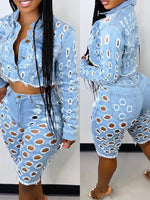 Bellizimos Denim Cutout Jacket & Shorts Set