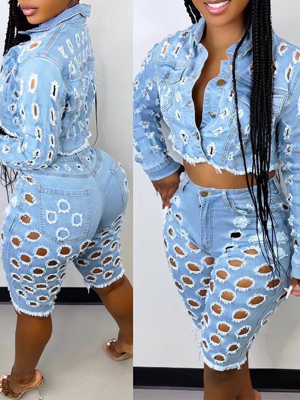 Bellizimos Denim Cutout Jacket & Shorts Set