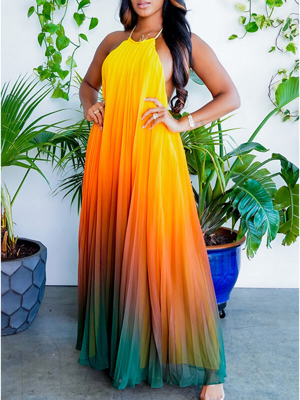 Ombre Pleated Halter Dress