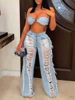 Denim Bra Top & Fringe Jeans Set