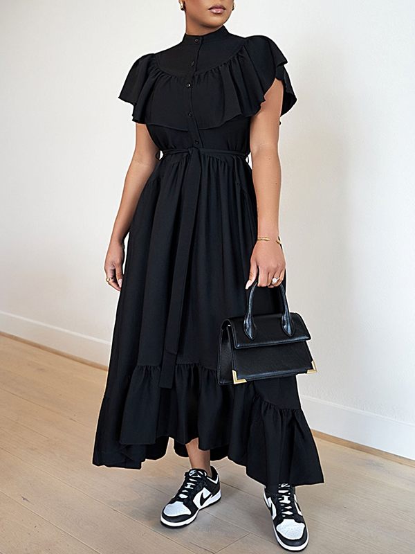 Solid Ruffle Shirt Dress-Clearance