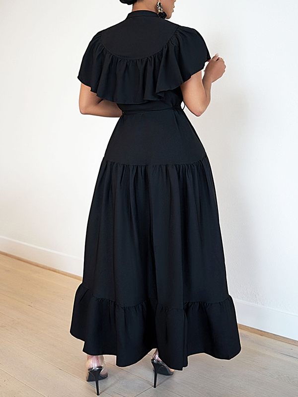 Solid Ruffle Shirt Dress-Clearance