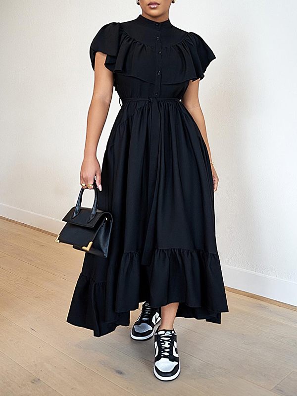 Solid Ruffle Shirt Dress-Clearance