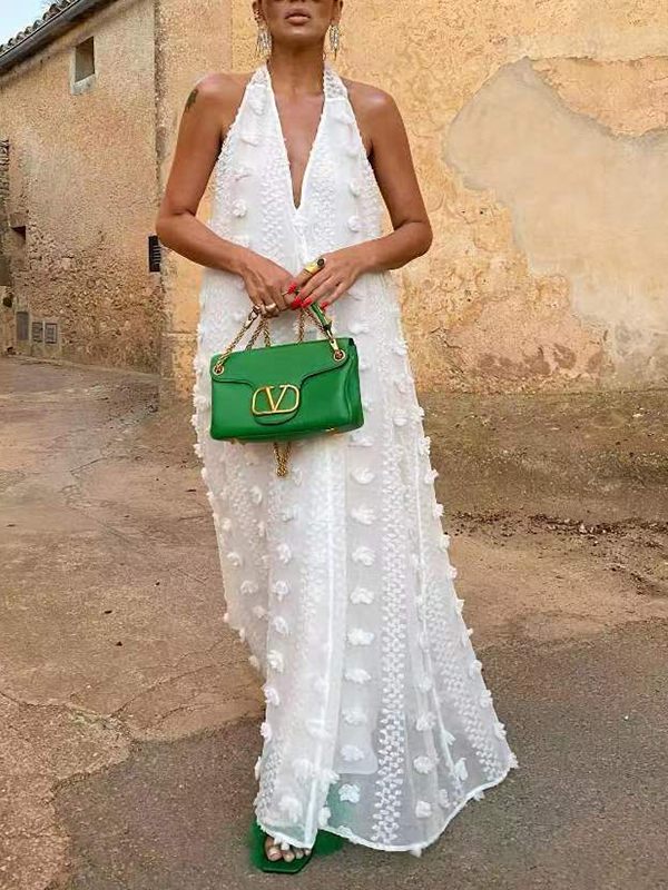 White Halter Plunge Dress