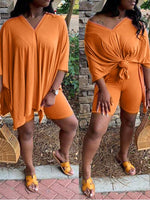 V-Neck Slit Tee & Shorts Set