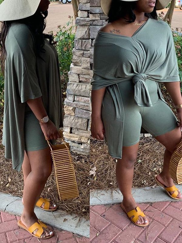 V-Neck Slit Tee & Shorts Set