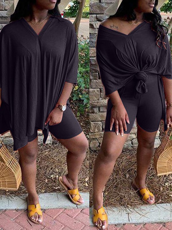 V-Neck Slit Tee & Shorts Set