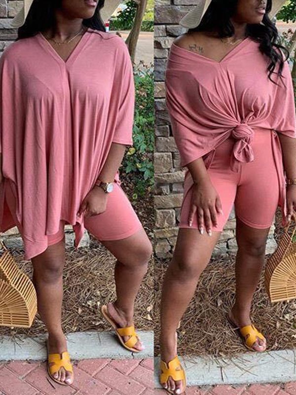 V-Neck Slit Tee & Shorts Set