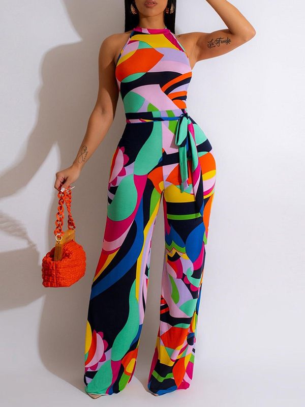 Printed Sleeveless Tied Jumpsuit